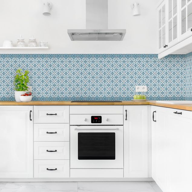 Wandpaneele Küche Geometrischer Fliesenmix Blüte Blaugrau