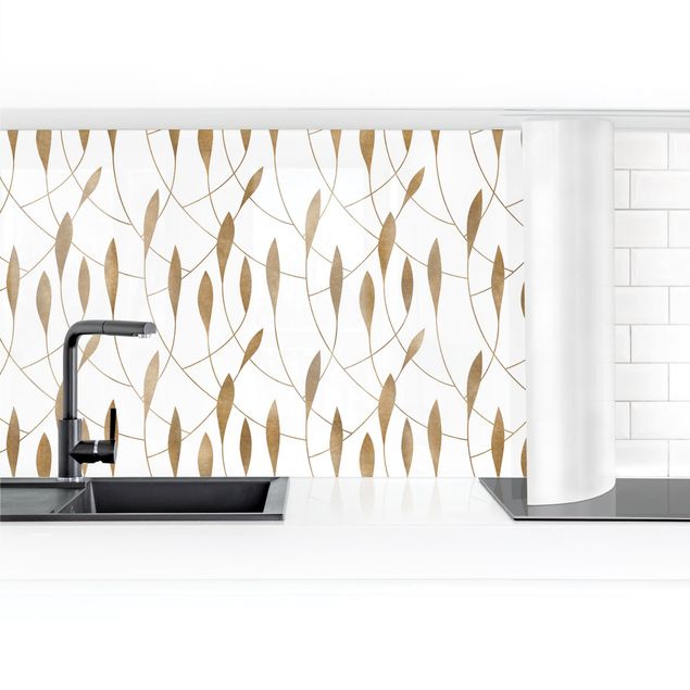 Küchenrückwand selbstklebend Natürliches Muster schwungvolle Blätter in Gold II