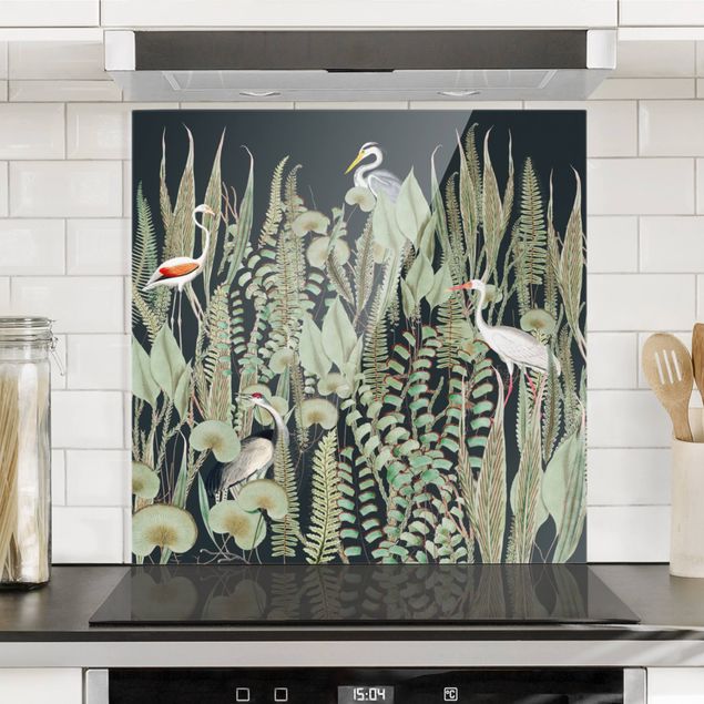 Glasrückwand Küche Blumen Flamingo und Storch mit Pflanzen auf Grün