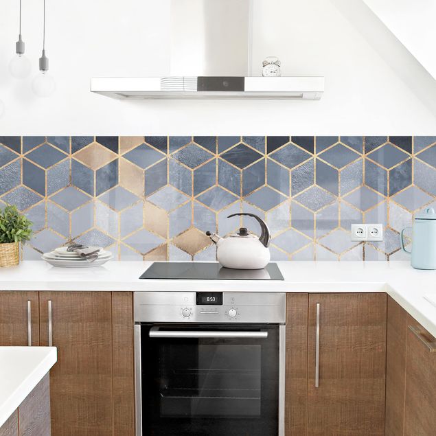 Küchenspiegel Blau Weiß goldene Geometrie