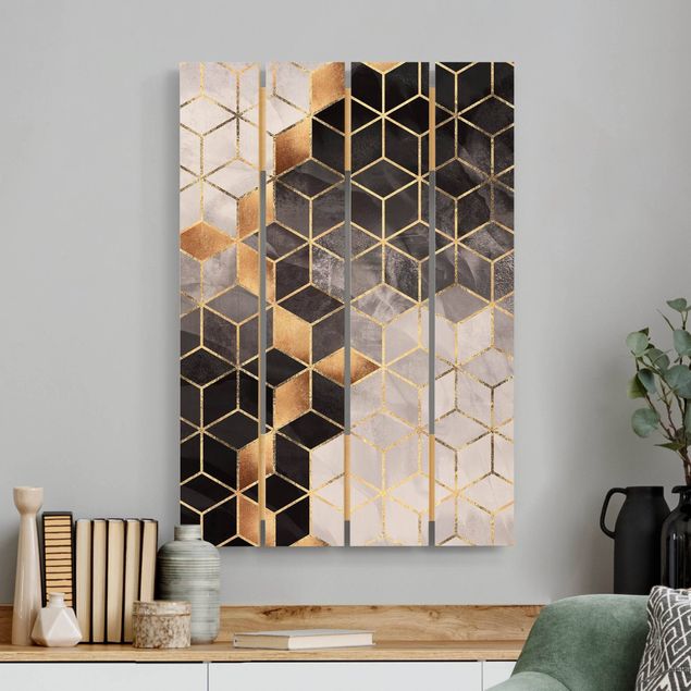 Holzbilder Muster Schwarz Weiß goldene Geometrie