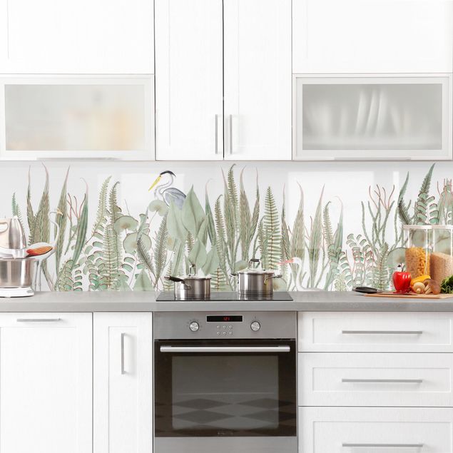 Küchenrückwand selbstklebend Flamingo und Storch mit Pflanzen