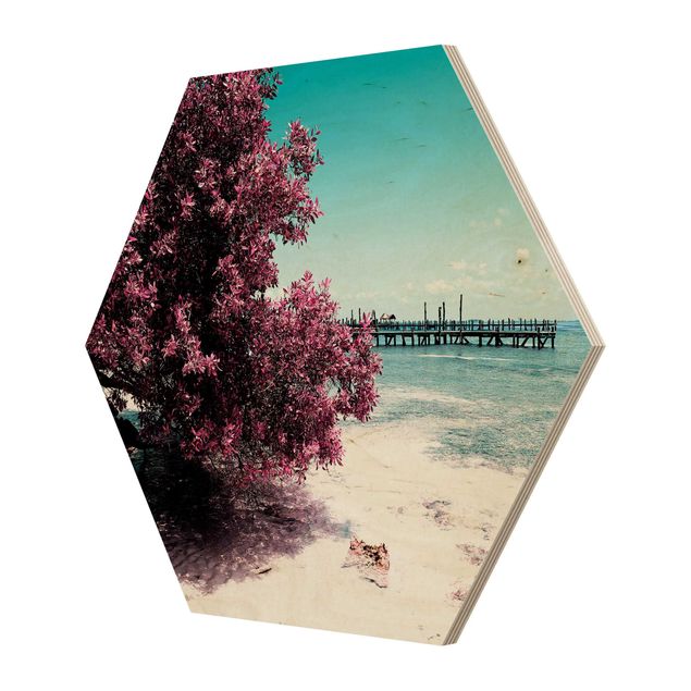 Hexagon Bild Holz - Paradies Strand Isla Mujeres