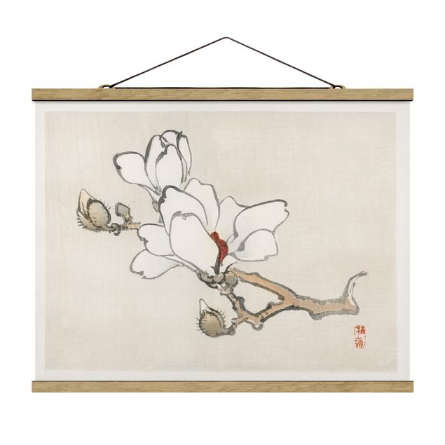 Stoffbild mit Posterleisten - Asiatische Vintage Zeichnung Weiße Magnolie - Querformat 4:3