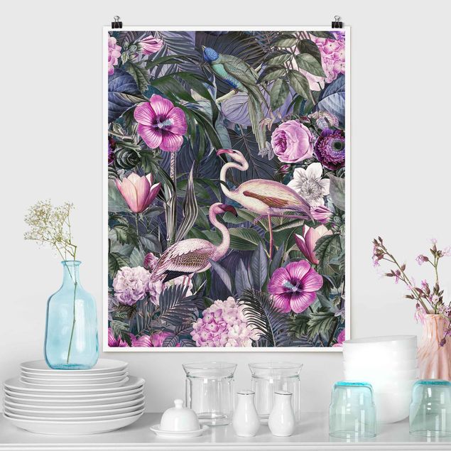 Riesenposter XXL Bunte Collage - Pinke Flamingos im Dschungel