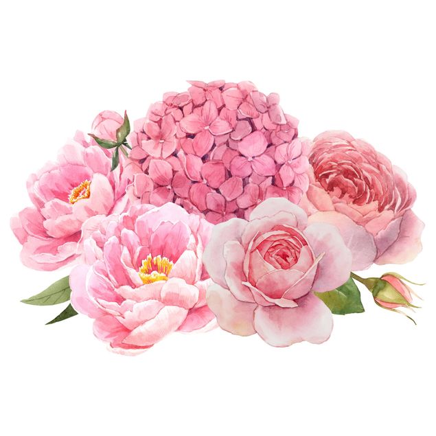 Wandtattoo Liebe Aquarell Hortensie Rose Bouquet XXL