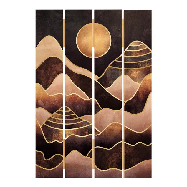 Holzbild - Elisabeth Fredriksson - Goldene Sonne abstrakte Berge - Hochformat 3:2