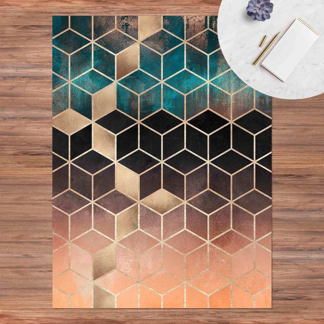 Teppich für Balkon Türkis Rosé goldene Geometrie