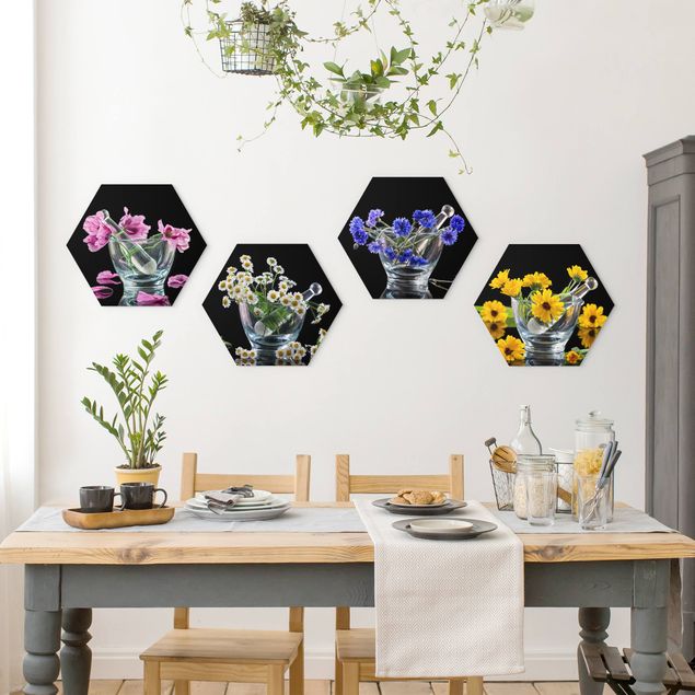 Hexagon Bild Forex 4-teilig - Blumen im Mörser