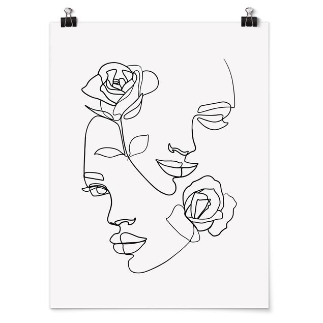 Poster - Line Art Gesichter Frauen Rosen Schwarz Weiß - Hochformat 4:3