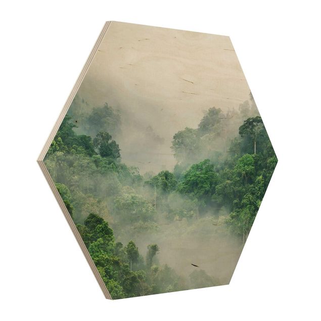 Hexagon Bild Holz - Dschungel im Nebel