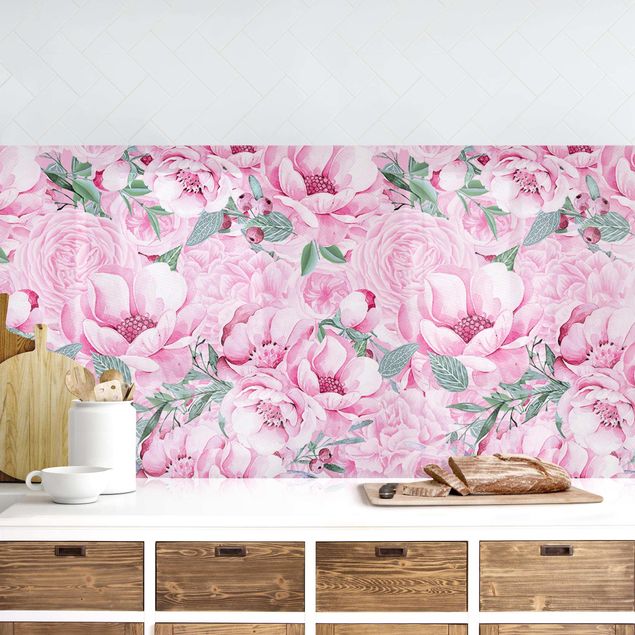 Platte Küchenrückwand Rosa Blütentraum Pastell Rosen in Aquarell