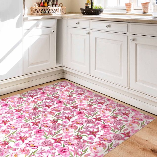 Moderner Teppich Pinke Blumen mit Schmetterlingen