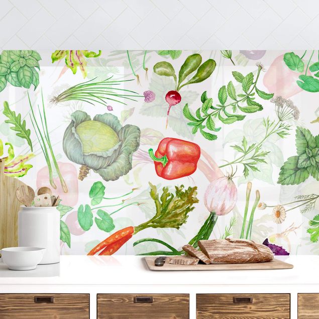 Platte Küchenrückwand Gemüse und Kräuter Illustration