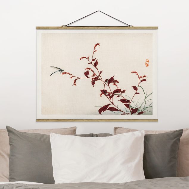 Wandbilder Asiatische Vintage Zeichnung Roter Zweig mit Libelle