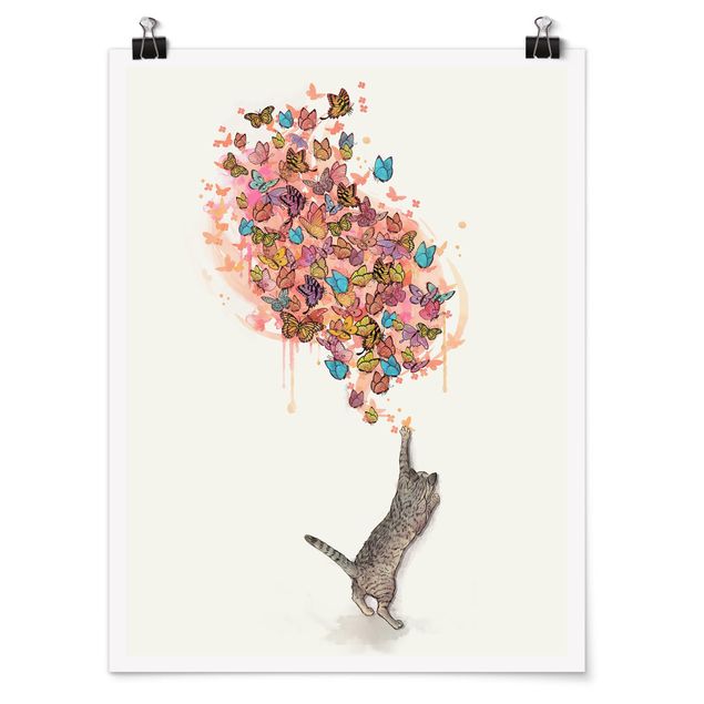 Poster - Illustration Katze mit bunten Schmetterlingen Malerei - Hochformat 4:3