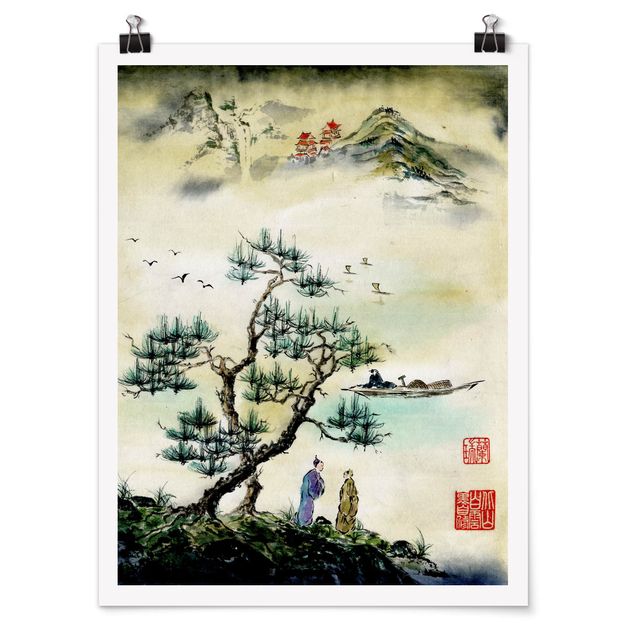 Landschaft Poster kaufen Japanische Aquarell Zeichnung Kiefer und Bergdorf