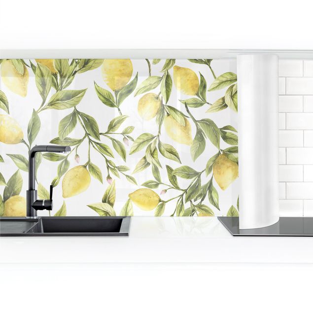 Küchenrückwand selbstklebend Fruchtige Zitronen mit Blättern II