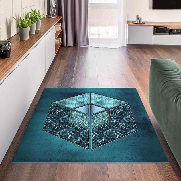 Moderne Teppiche Blaues Hexagon mit Goldkontur