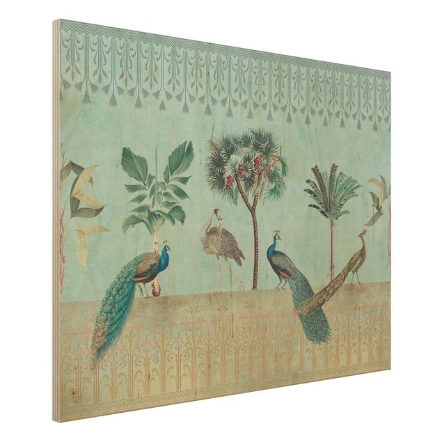 Holzbilder Blumen Vintage Collage - Tropische Vögel mit Palmen
