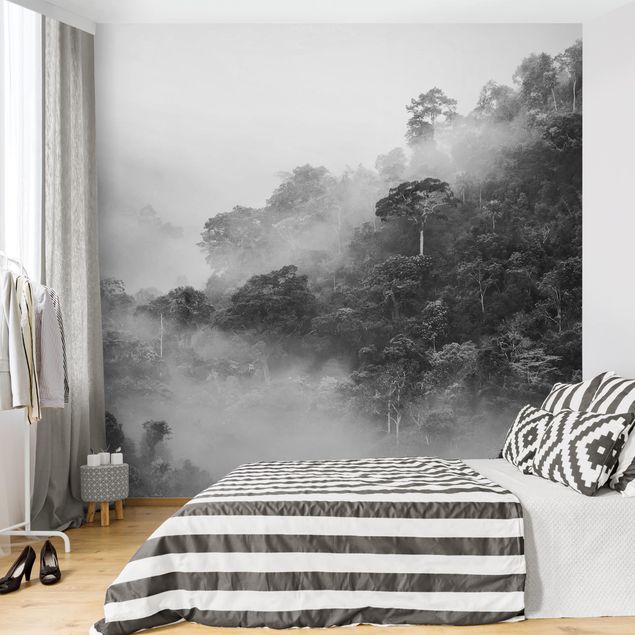 Fototapete - Dschungel im Nebel Schwarz Weiß - Fototapete