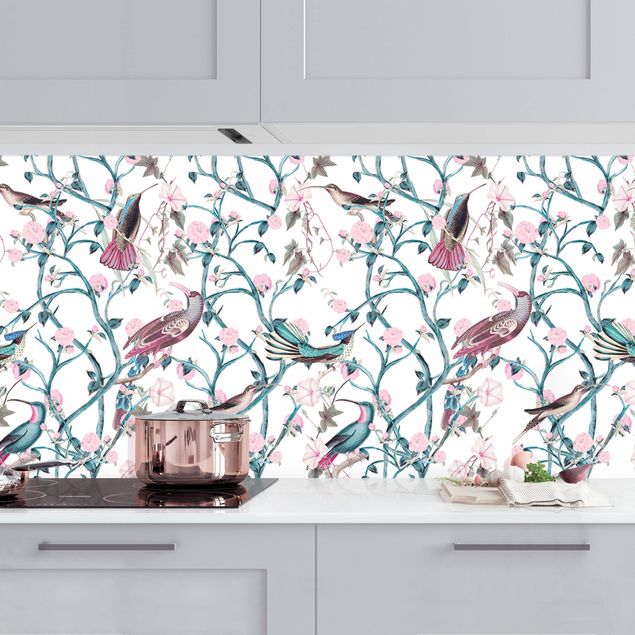 Platte Küchenrückwand Rosa Blumenranken mit Vögeln in Blau