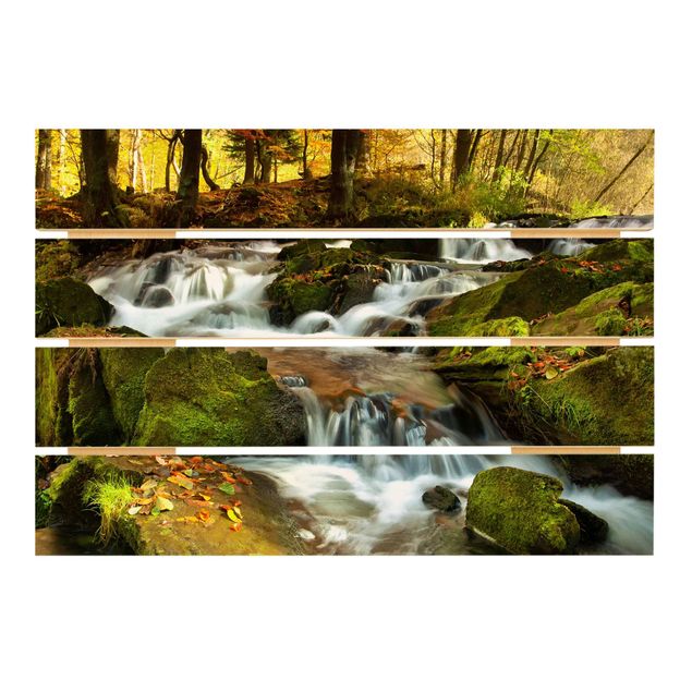 Holzbild - Wasserfall herbstlicher Wald - Querformat 2:3