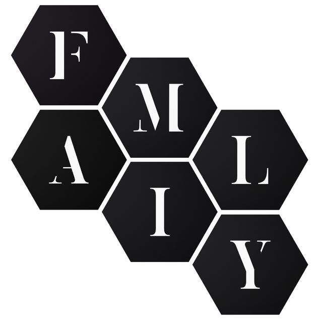 Hexagon Bild Forex 6-teilig - Buchstaben FAMILY Weiß Set II