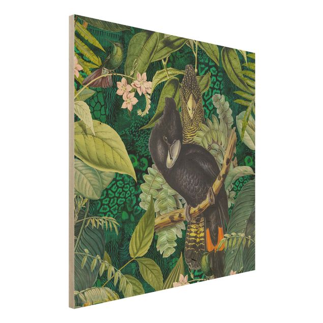 Holzbilder Blumen Bunte Collage - Kakadus im Dschungel