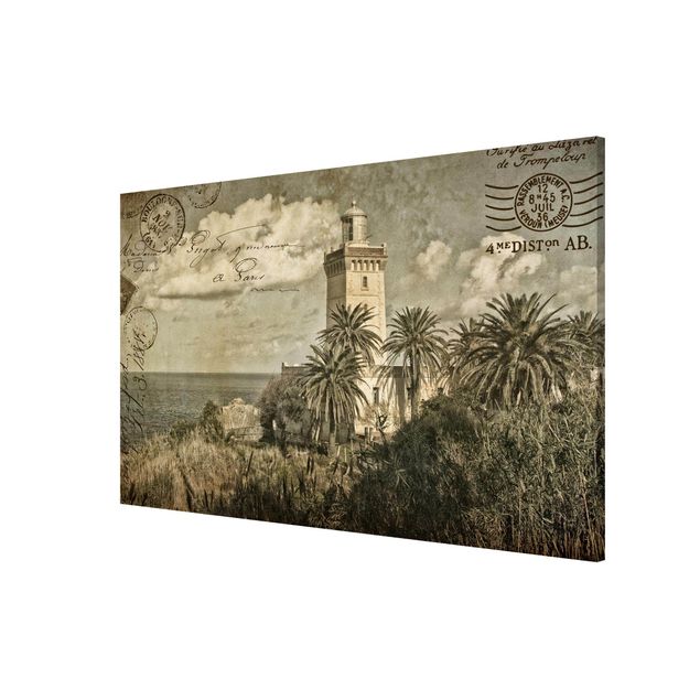 Bilder Vintage Postkarte mit Leuchtturm und Palmen