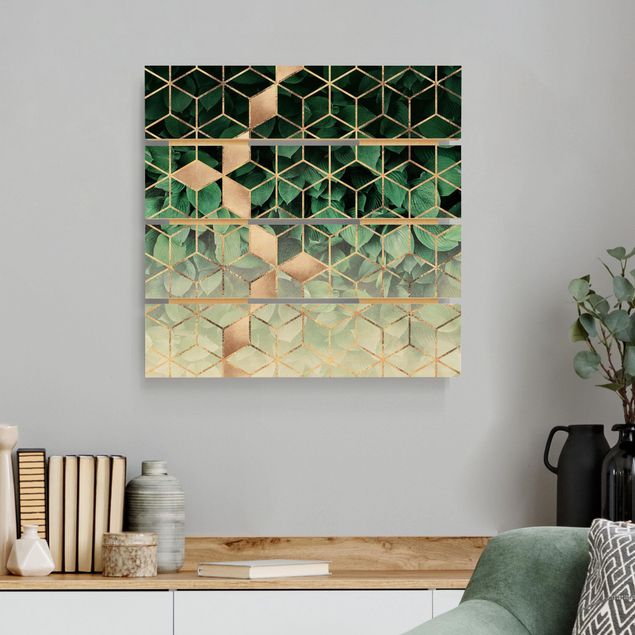 Holzbilder Muster Grüne Blätter goldene Geometrie