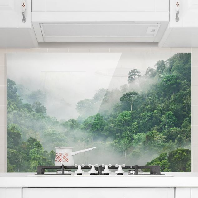Glasrückwand Küche Wald Dschungel im Nebel