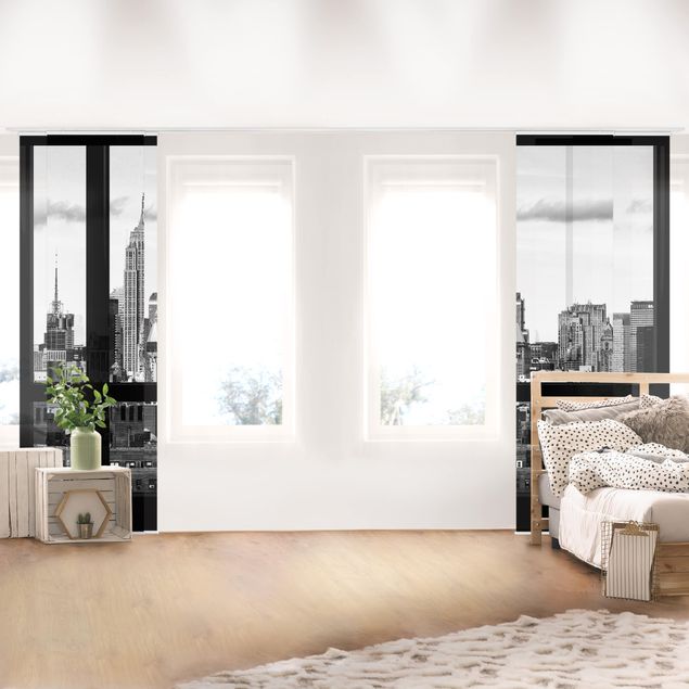Schiebegardinen Fensterblick New York Skyline schwarz weiß
