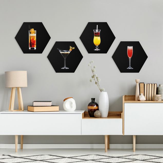 Hexagon Wandbild Cocktail Set auf Schwarz Set I