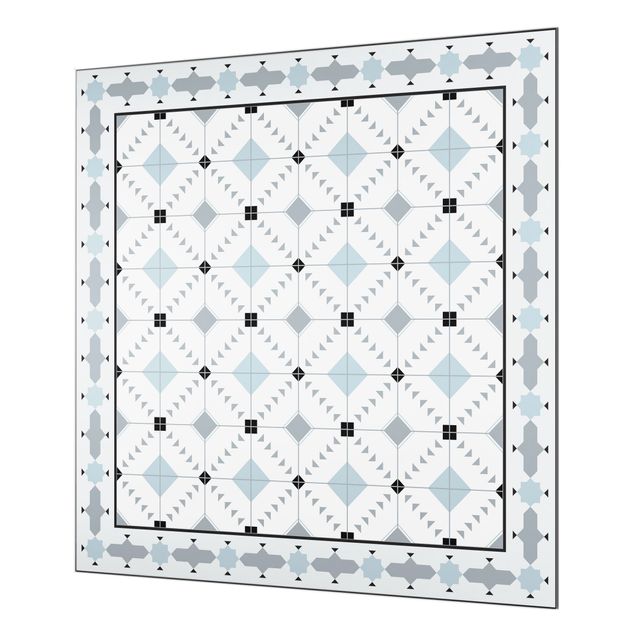 Spritzschutz Glas - Geometrische Fliesen Ikat Blau mit Bordüre - Quadrat 1:1
