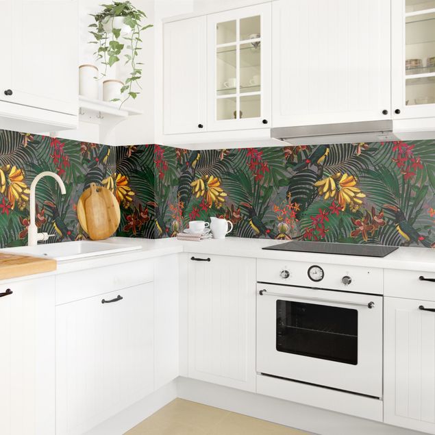 Wandpaneele Küche Tropische Farne mit Tucan Grün II