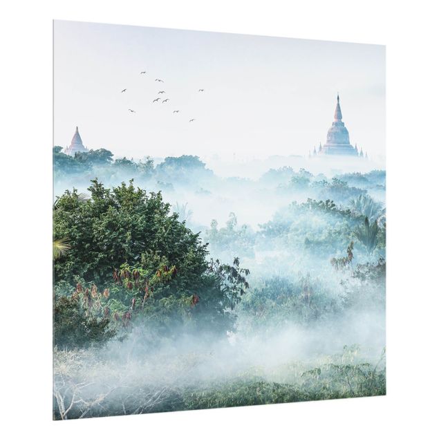 Spritzschutz Künstler Morgennebel über dem Dschungel von Bagan