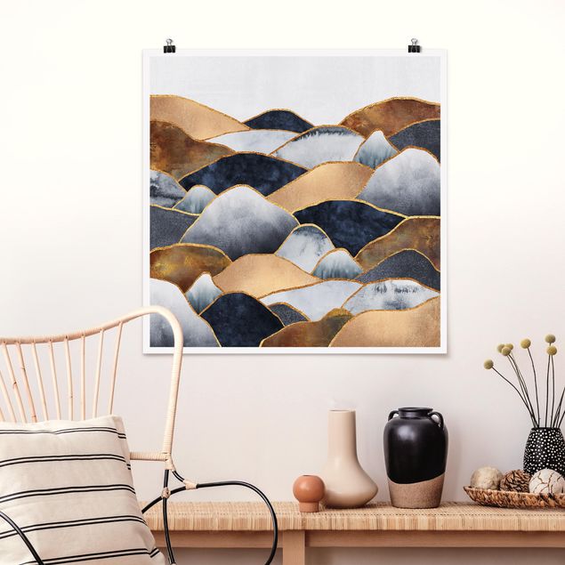 Poster - Goldene Berge Aquarell - Quadrat 1:1