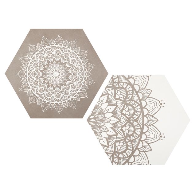 Hexagon Bild Alu-Dibond 2-teilig - Mandala Illustration shabby Set beige weiß
