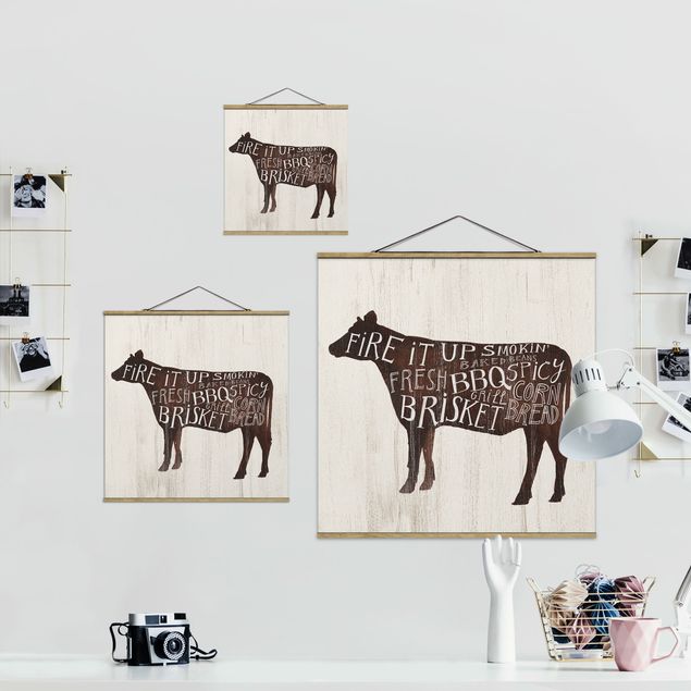 Stoffbild mit Posterleisten - Bauernhof BBQ - Kuh - Quadrat 1:1