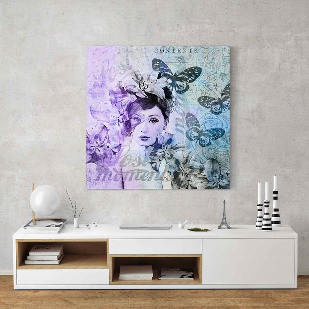 Leinwandbild - Shabby Chic Collage - Portrait mit Schmetterlingen - Quadrat 1:1