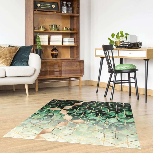 Moderner Teppich Grüne Blätter goldene Geometrie