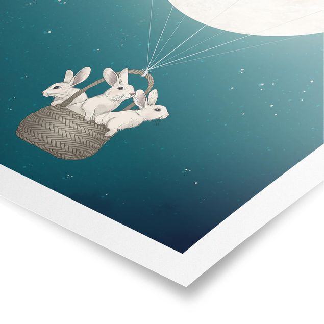 Poster - Illustration Hasen Mond-Heißluftballon Sternenhimmel - Hochformat 4:3