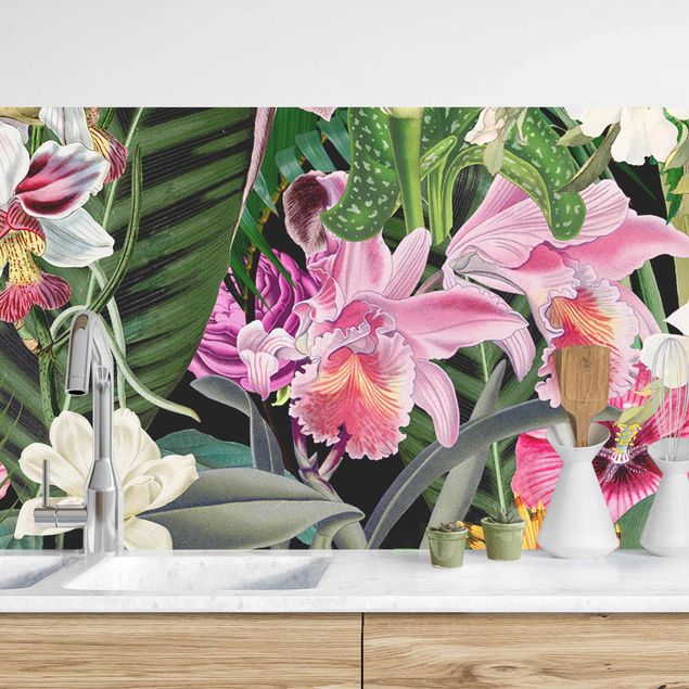 Platte Küchenrückwand Bunte tropische Blumen Collage II