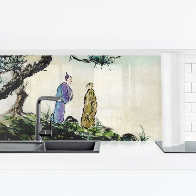 Küchenrückwand selbstklebend Japanische Aquarell Zeichnung Kiefer und Bergdorf