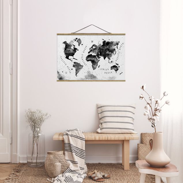 Stoffbild mit Posterleisten - Weltkarte Aquarell schwarz - Querformat 3:2