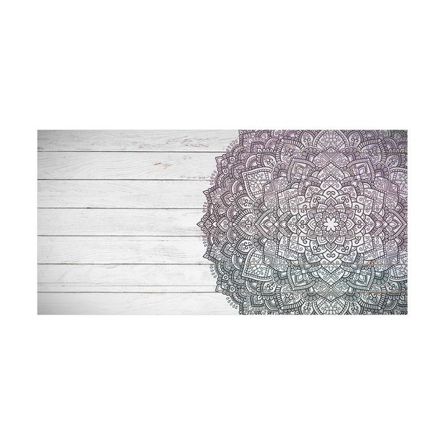 Vinyl-Teppich - Mandala Lotusblüte Holzoptik weiß - Querformat 2:1