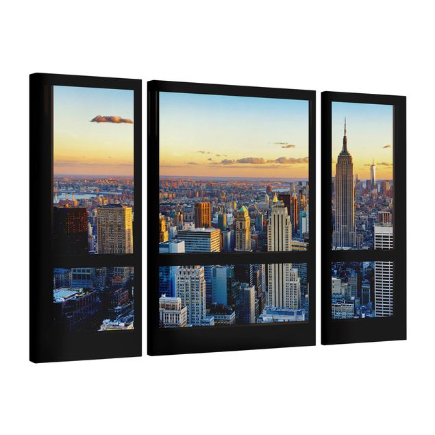 Leinwandbild 3-teilig - Fensterausblick - Sonnenaufgang New York - Triptychon