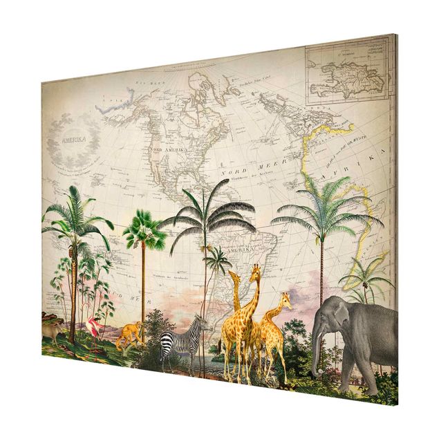 Magnettafel mit Motiv Vintage Collage - Tierwelt auf Weltkarte