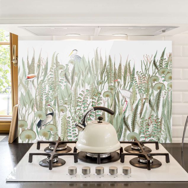 Glasrückwand Küche Blumen Flamingo und Storch mit Pflanzen